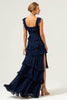 Load image into Gallery viewer, A-Line Square Neck Tiered Chiffon Long Dark Navy Long Bridesmaid Dress