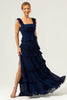 Load image into Gallery viewer, A-Line Square Neck Tiered Chiffon Long Dark Navy Long Bridesmaid Dress