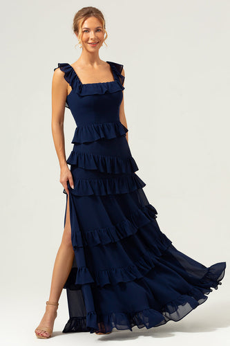 A-Line Square Neck Tiered Chiffon Long Dark Navy Long Bridesmaid Dress