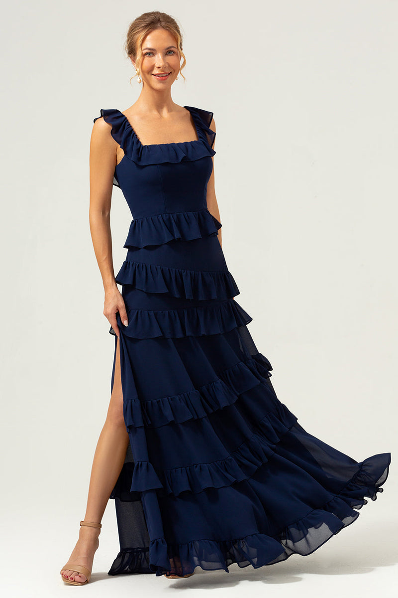 Load image into Gallery viewer, A-Line Square Neck Tiered Chiffon Long Dark Navy Long Bridesmaid Dress