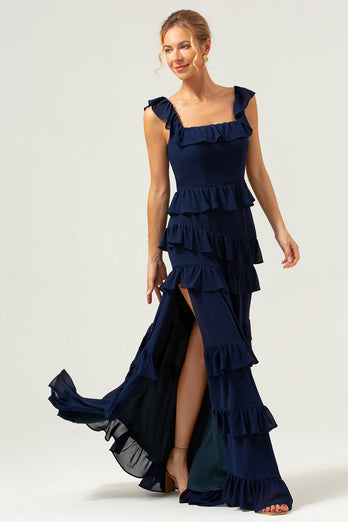 A-Line Square Neck Tiered Chiffon Long Dark Navy Long Bridesmaid Dress