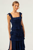 Load image into Gallery viewer, A-Line Square Neck Tiered Chiffon Long Dark Navy Long Bridesmaid Dress