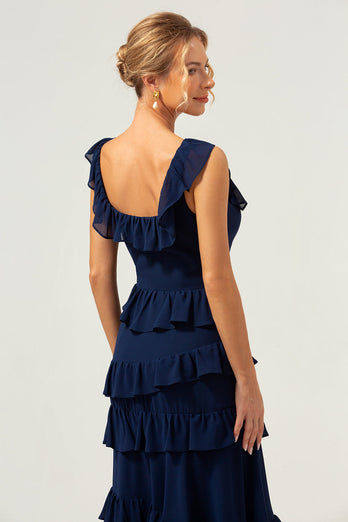 A-Line Square Neck Tiered Chiffon Long Dark Navy Long Bridesmaid Dress