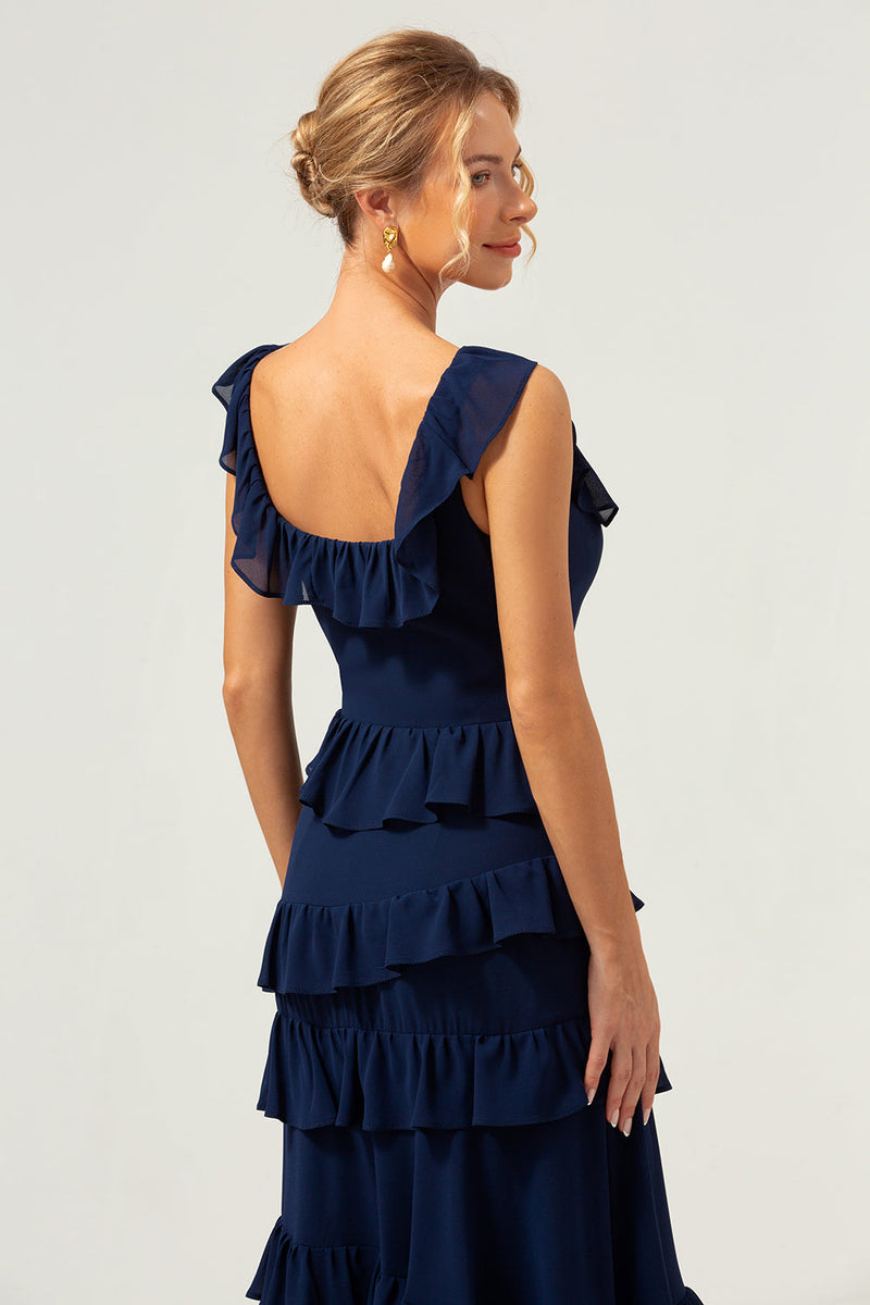 Load image into Gallery viewer, A-Line Square Neck Tiered Chiffon Long Dark Navy Long Bridesmaid Dress