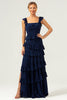 Load image into Gallery viewer, A-Line Square Neck Tiered Chiffon Long Dark Navy Long Bridesmaid Dress