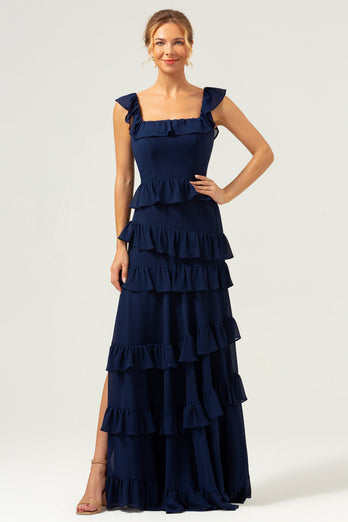 A-Line Square Neck Tiered Chiffon Long Dark Navy Long Bridesmaid Dress