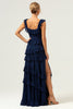 Load image into Gallery viewer, A-Line Square Neck Tiered Chiffon Long Dark Navy Long Bridesmaid Dress