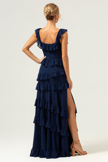 A-Line Square Neck Tiered Chiffon Long Dark Navy Long Bridesmaid Dress