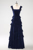 Load image into Gallery viewer, Dark Navy A-Line Tiered Chiffon Long Bridesmaid Dress