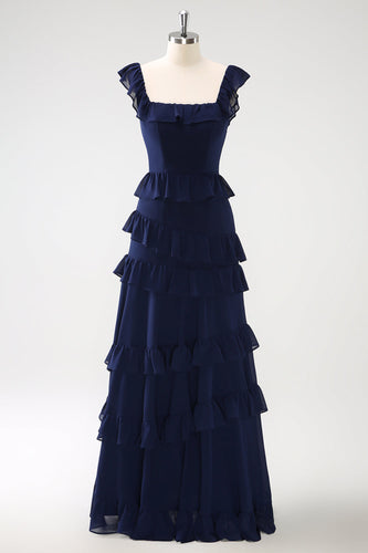 Dark Navy A-Line Tiered Chiffon Long Bridesmaid Dress