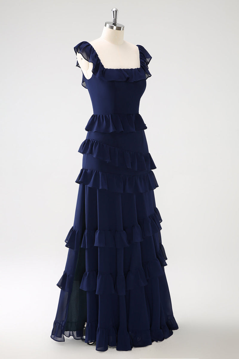 Load image into Gallery viewer, Dark Navy A-Line Tiered Chiffon Long Bridesmaid Dress