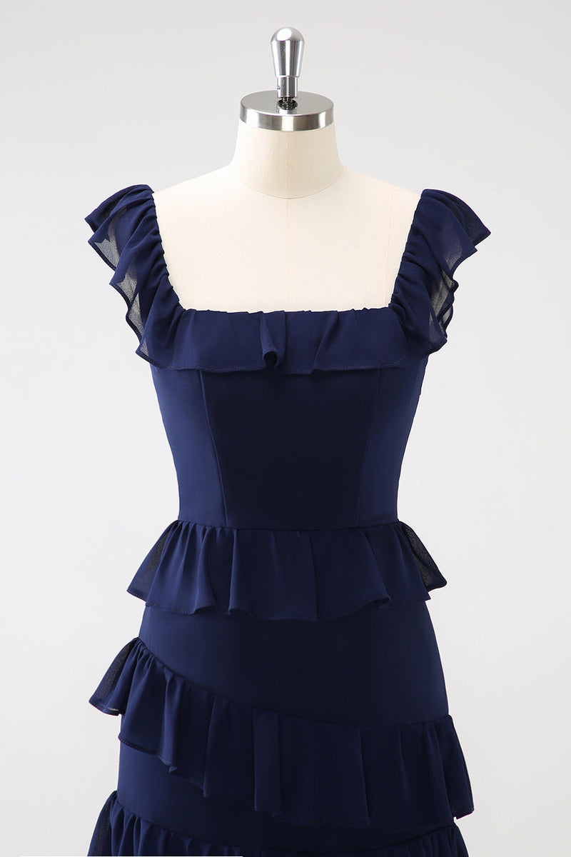 Load image into Gallery viewer, Dark Navy A-Line Tiered Chiffon Long Bridesmaid Dress