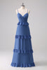 Load image into Gallery viewer, Dark Blue Spaghetti Straps Tiered A-Line Long Bridesmaid Dress