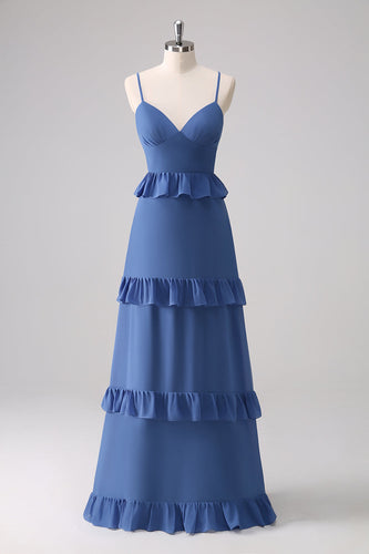 Dark Blue Spaghetti Straps Tiered A-Line Long Bridesmaid Dress