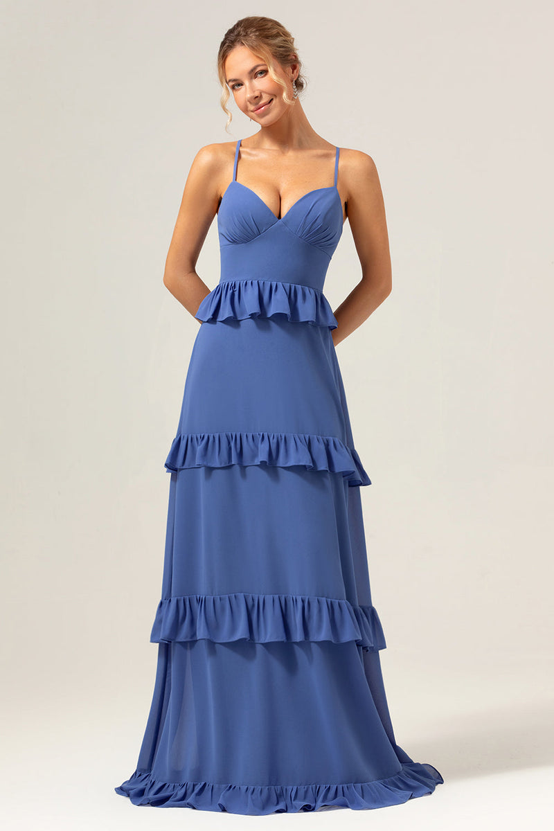 Load image into Gallery viewer, Dark Blue A-Line Spaghetti Straps Tiered Chiffon Long Bridesmaid Dress