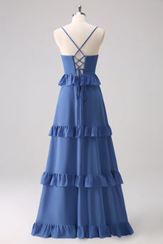 Dark Blue Spaghetti Straps Tiered A-Line Long Bridesmaid Dress