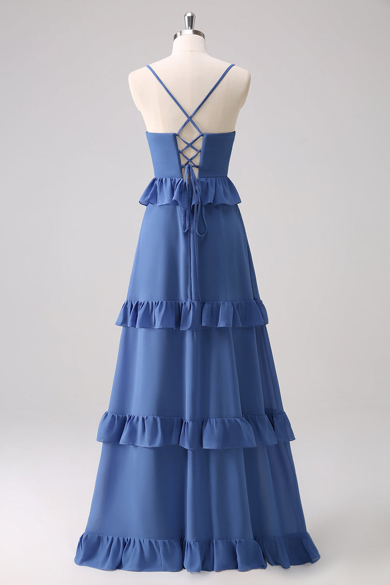 Load image into Gallery viewer, Dark Blue Spaghetti Straps Tiered A-Line Long Bridesmaid Dress