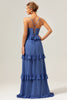 Load image into Gallery viewer, Dark Blue A-Line Spaghetti Straps Tiered Chiffon Long Bridesmaid Dress