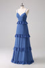 Load image into Gallery viewer, Dark Blue Spaghetti Straps Tiered A-Line Long Bridesmaid Dress