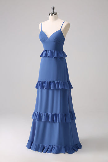 Dark Blue Spaghetti Straps Tiered A-Line Long Bridesmaid Dress