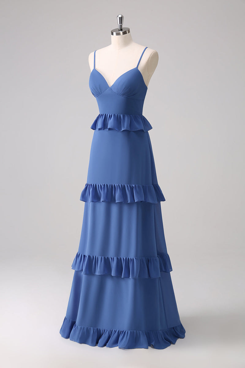 Load image into Gallery viewer, Dark Blue Spaghetti Straps Tiered A-Line Long Bridesmaid Dress