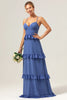 Load image into Gallery viewer, Dark Blue A-Line Spaghetti Straps Tiered Chiffon Long Bridesmaid Dress