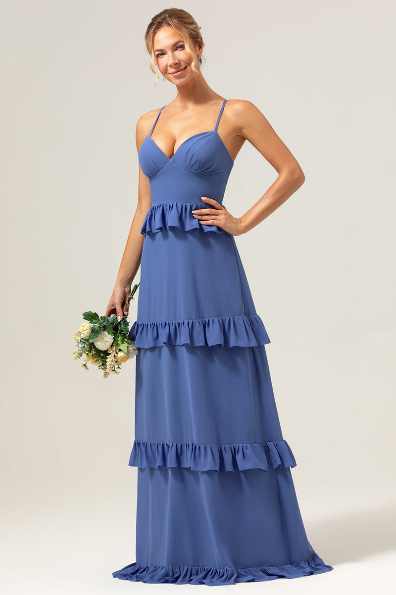 Load image into Gallery viewer, Dark Blue A-Line Spaghetti Straps Tiered Chiffon Long Bridesmaid Dress