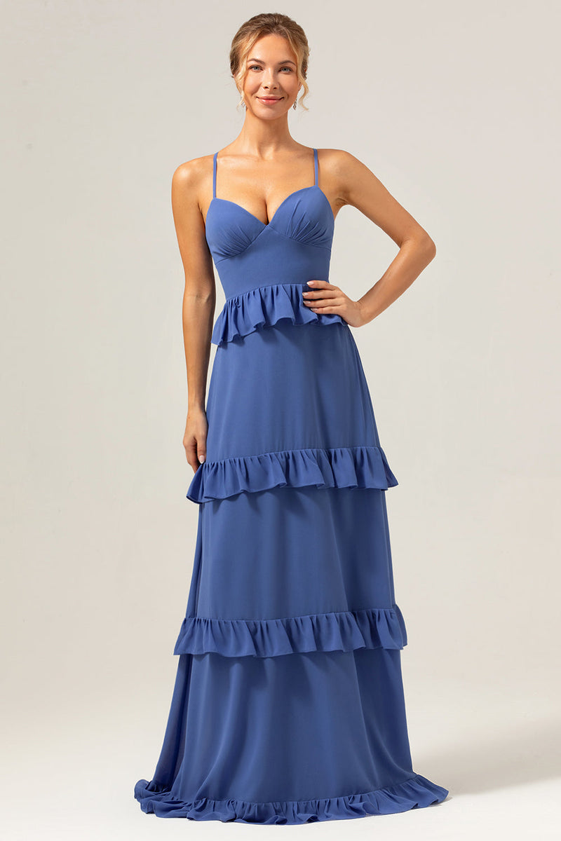 Load image into Gallery viewer, Dark Blue A-Line Spaghetti Straps Tiered Chiffon Long Bridesmaid Dress