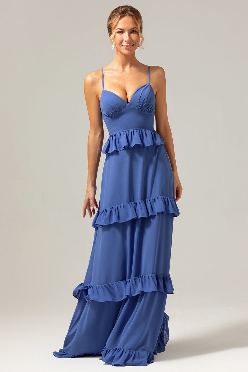 Dark Blue A-Line Spaghetti Straps Tiered Chiffon Long Bridesmaid Dress