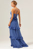 Load image into Gallery viewer, Dark Blue A-Line Spaghetti Straps Tiered Chiffon Long Bridesmaid Dress