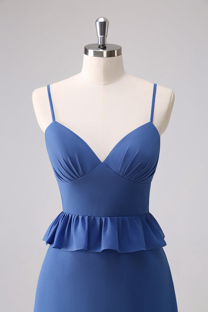 Load image into Gallery viewer, Dark Blue Spaghetti Straps Tiered A-Line Long Bridesmaid Dress