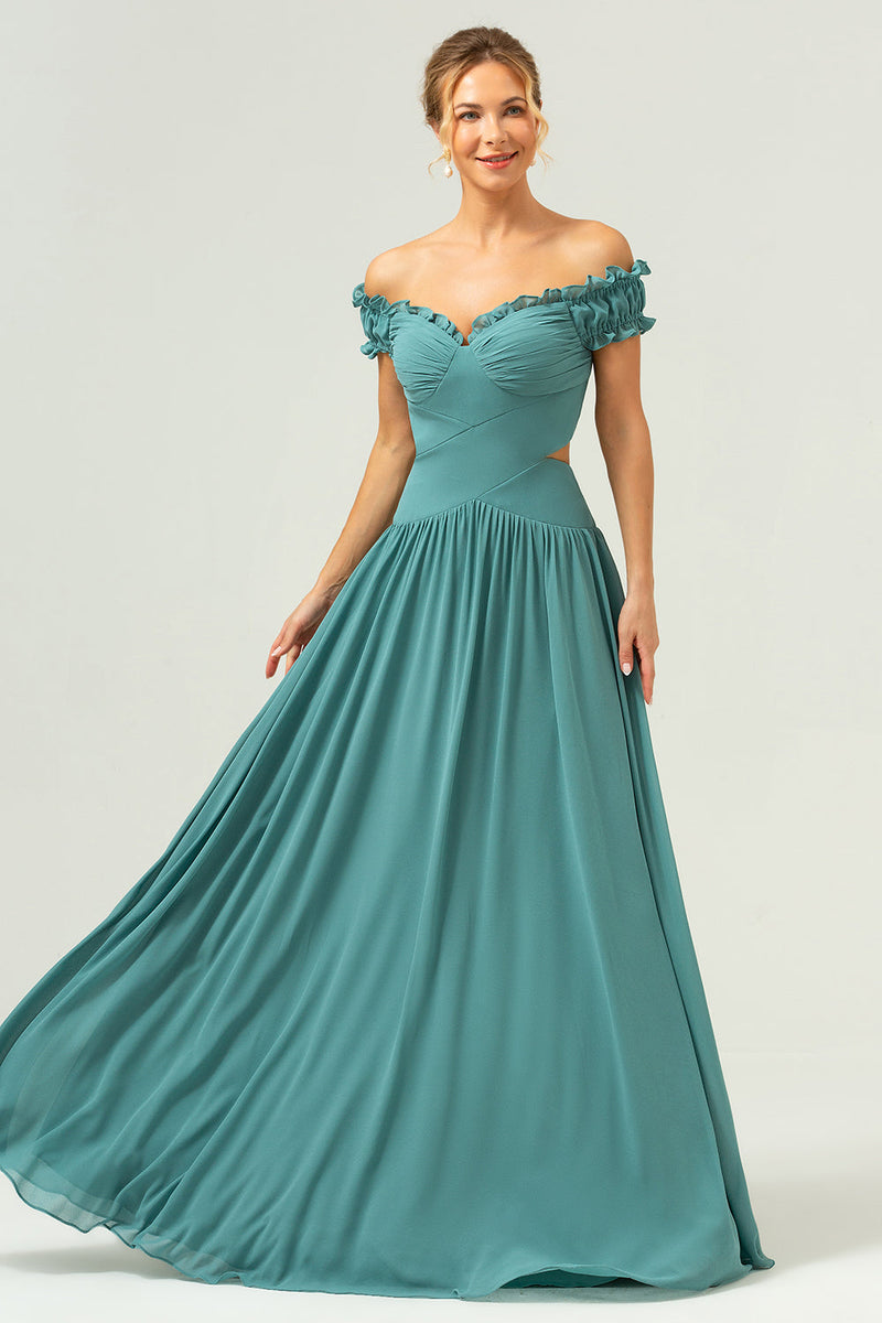 Load image into Gallery viewer, A-Line Off The Shoulder Pleated Chiffon Green Long Bridesmaid Dress