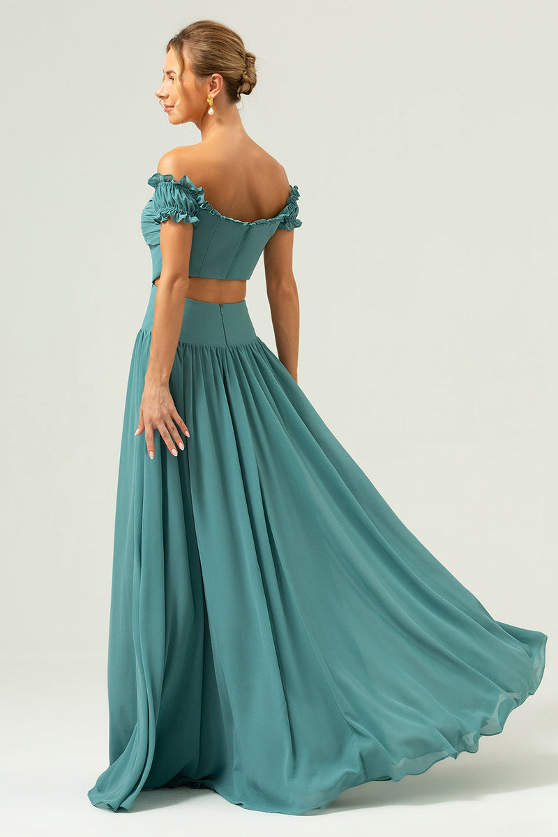 Load image into Gallery viewer, A-Line Off The Shoulder Pleated Chiffon Green Long Bridesmaid Dress