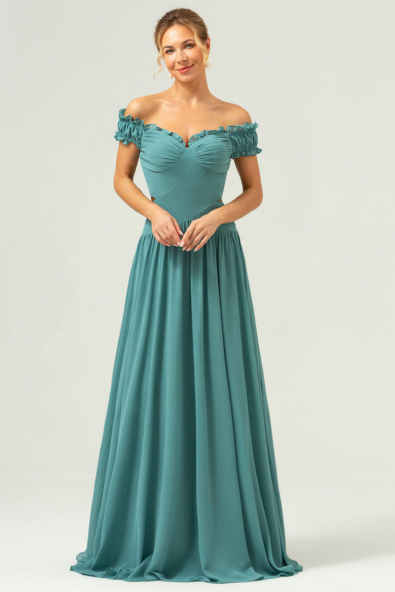 Load image into Gallery viewer, A-Line Off The Shoulder Pleated Chiffon Green Long Bridesmaid Dress