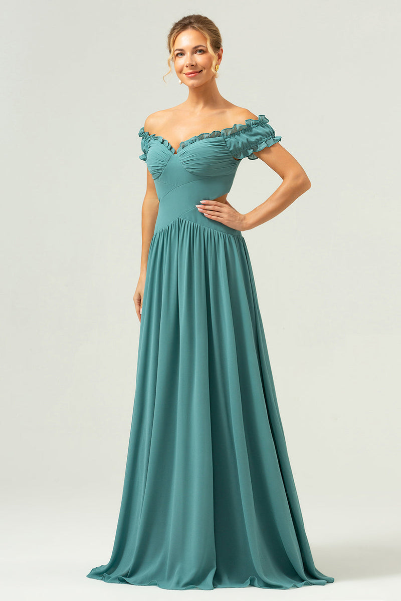 Load image into Gallery viewer, A-Line Off The Shoulder Pleated Chiffon Green Long Bridesmaid Dress