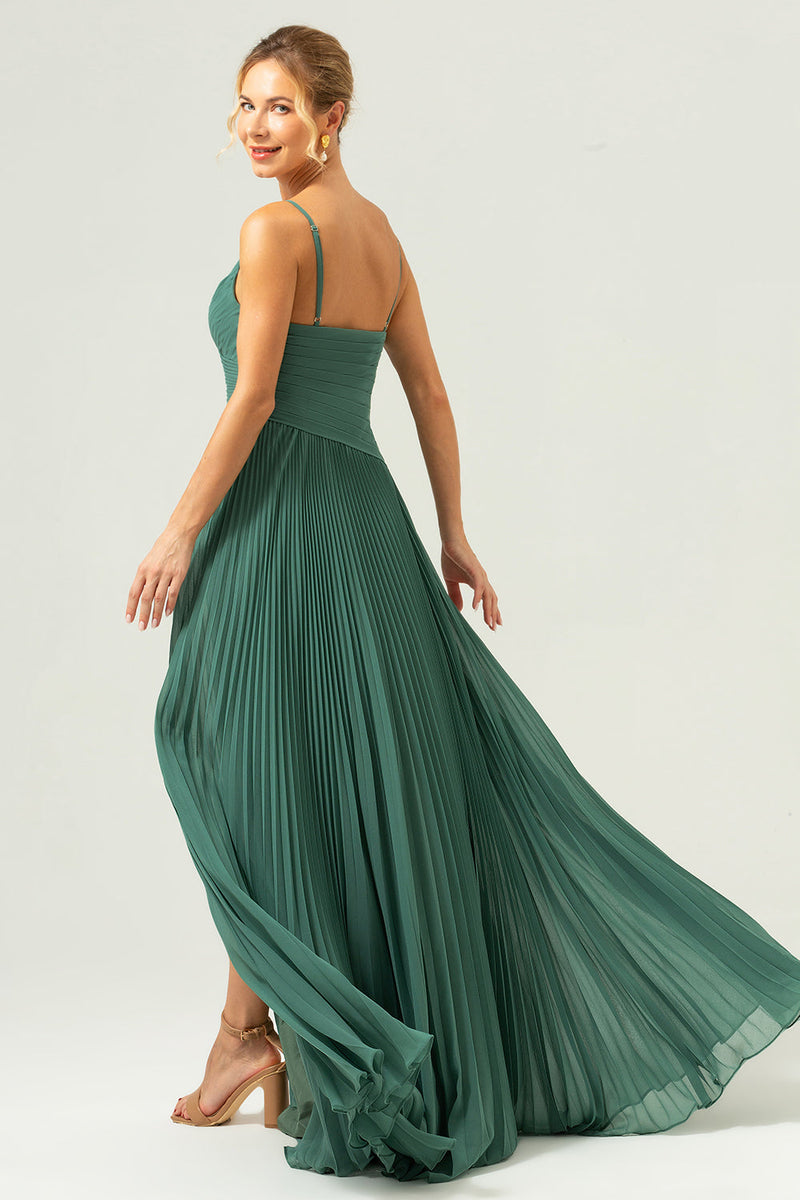 Load image into Gallery viewer, A-Line Spaghetti Straps Pleated Chiffon Eucalyptus Bridesmaid Dress with Slit