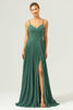 Load image into Gallery viewer, A-Line Spaghetti Straps Pleated Chiffon Eucalyptus Bridesmaid Dress with Slit