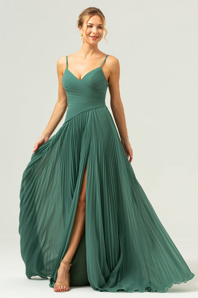 Load image into Gallery viewer, A-Line Spaghetti Straps Pleated Chiffon Eucalyptus Bridesmaid Dress with Slit