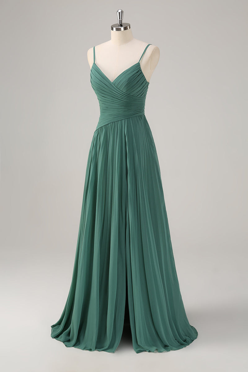 Load image into Gallery viewer, Eucalyptus A-Line Spaghetti Straps Pleated Chiffon Bridesmaid Dress with Slit