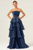 Load image into Gallery viewer, Dark Navy A Line Strapless Tiered Satin Long Bridesmaid Dress