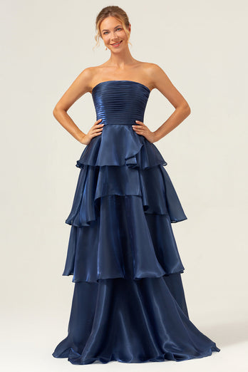 Dark Navy A Line Strapless Tiered Satin Long Bridesmaid Dress