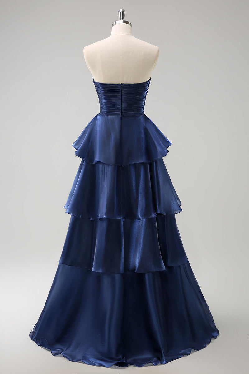 Load image into Gallery viewer, Dark Navy A Line Strapless Tiered Satin Long Bridesmaid Dress