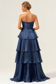 Dark Navy A Line Strapless Tiered Satin Long Bridesmaid Dress