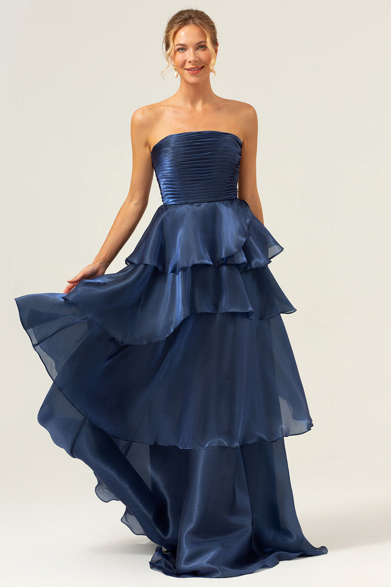 Load image into Gallery viewer, Dark Navy A Line Strapless Tiered Satin Long Bridesmaid Dress