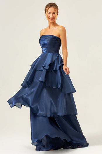 Dark Navy A Line Strapless Tiered Satin Long Bridesmaid Dress