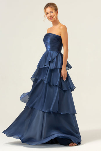 Dark Navy A Line Strapless Tiered Satin Long Bridesmaid Dress