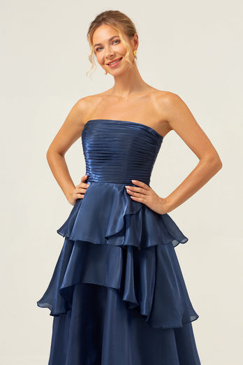 Dark Navy A Line Strapless Tiered Satin Long Bridesmaid Dress