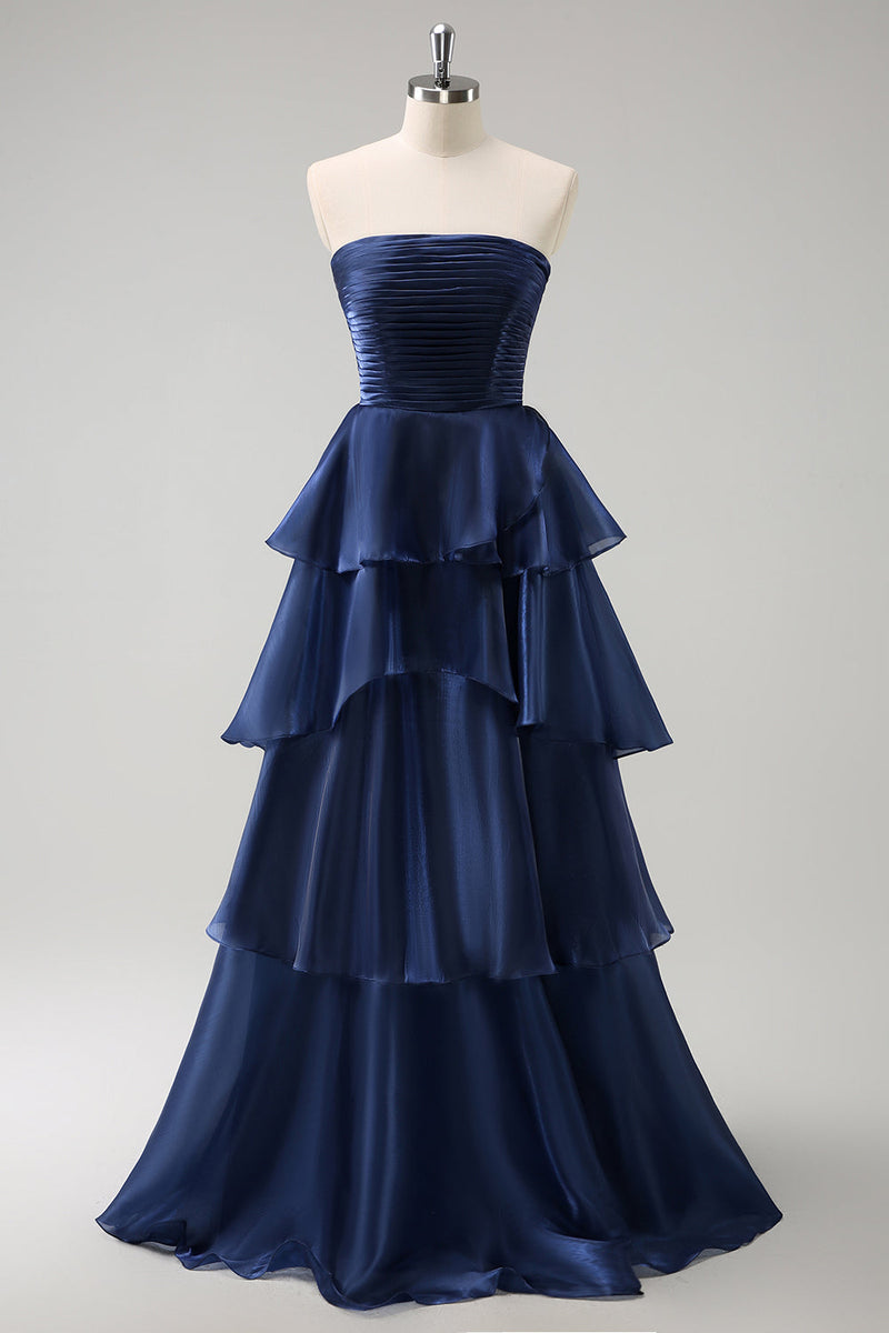 Load image into Gallery viewer, Dark Navy A Line Strapless Tiered Satin Long Bridesmaid Dress