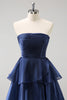 Load image into Gallery viewer, Dark Navy A Line Strapless Tiered Satin Long Bridesmaid Dress