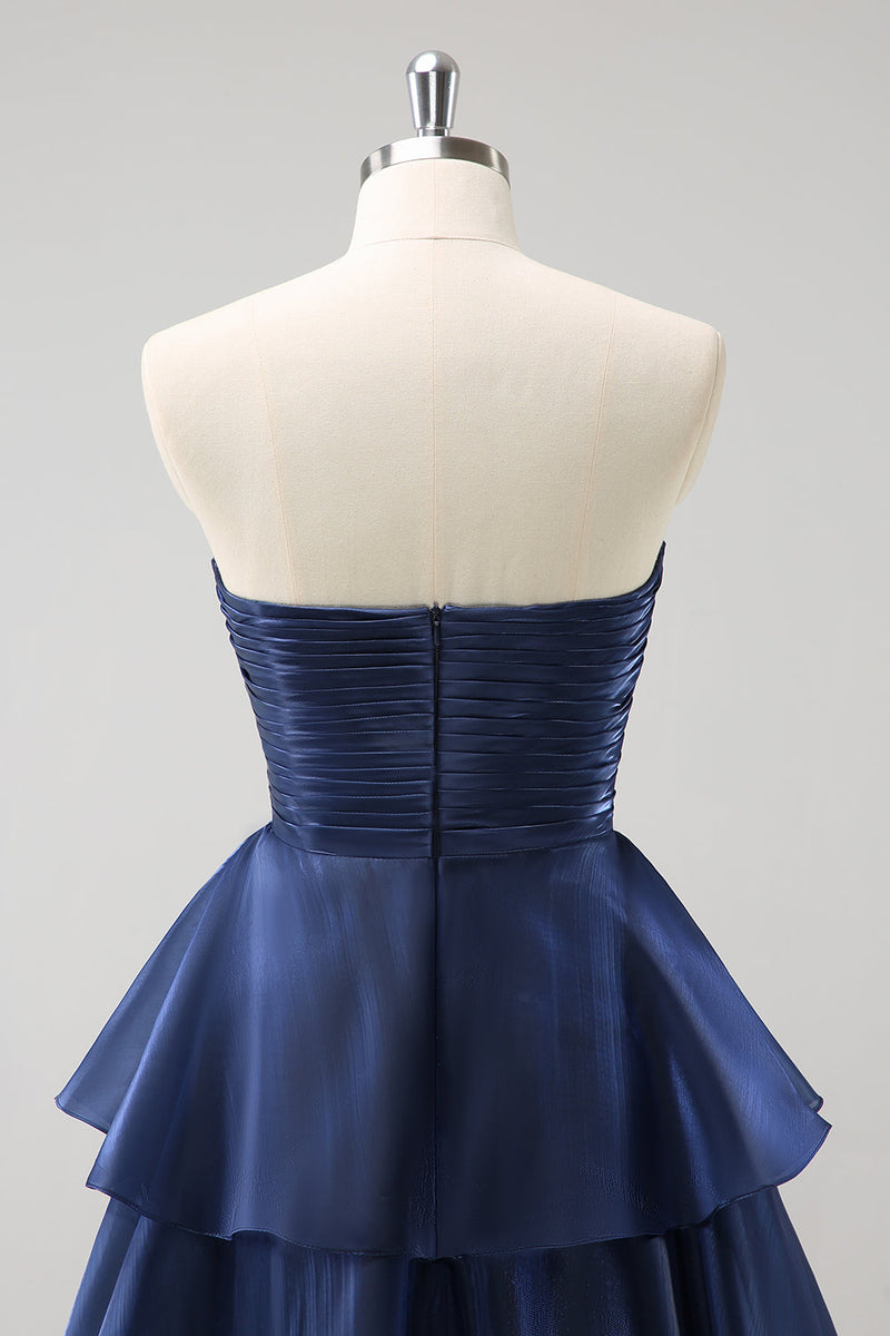 Load image into Gallery viewer, Dark Navy A Line Strapless Tiered Satin Long Bridesmaid Dress